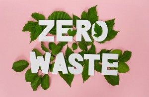 Grafika z różowym tłem promująca Zero Waste. Przedstawia wycięte z papieru litery ułożone w słowa: Zero Waste, leżące na liściach.